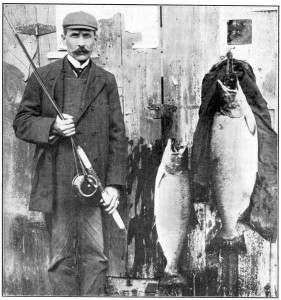 Monterey commercial fisherman and sport fishing guide on the Monterey Wharf after a good day fishing salmon, Circa 1895 