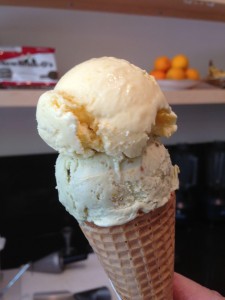 One scoop of mango & one of pistachio ice cream at Mission Hill Creamery