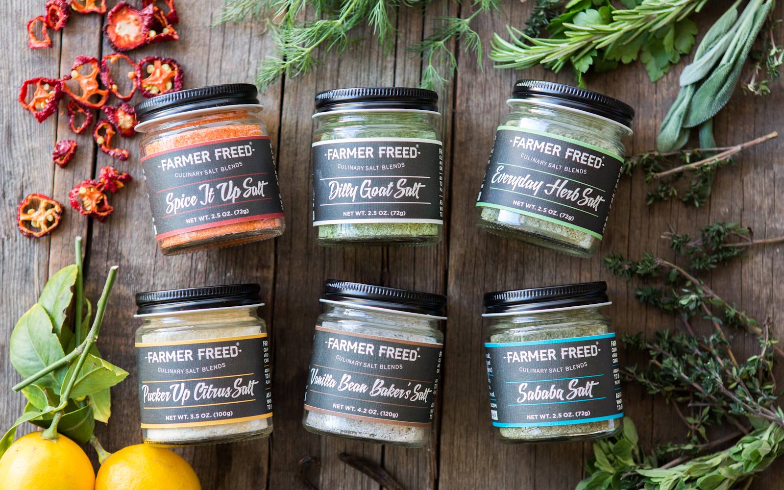 Farmer Freed culinary salt blends come in six varieties 