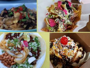 Food from vendors  in the Oct. 28 Food Trucks A Go Go event: Choke Coach carne asada fries, Ate3One poke nachos, G's Mexican Tacos taco plate, Aunt LaLi's sundae